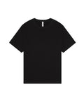 A plain black T-shirt short-sleeve crew neck T-shirt is laid flat on a white background, featuring no visible logos, patterns, or designs.