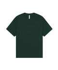 A dark green, short-sleeved T-shirt crew neck is laid flat on a white background.