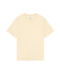 A beige T-shirt short-sleeved crew neck is laid flat on a white background, featuring plain fabric with no designs or logos.