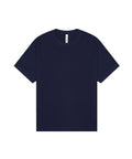 A T-shirt product in plain navy blue with short sleeves and a crew neck is laid flat on a white background, featuring a small white label at the neckline.