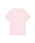 A plain, light pink short-sleeve T-shirt is laid flat on a white background. The T-shirt's product features a round neckline and a visible white label.