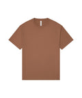 A solid brown, short-sleeve, crew neck T-shirts item is laid flat against a white background.