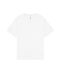 A plain white short-sleeved T-shirt is laid flat on a white background, featuring a crew neckline with no visible designs or logos.