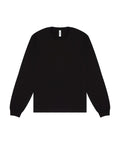 A plain black long-sleeve crew neck T-shirt is laid flat on a white background, showing the front with no visible designs, logos, or patterns.