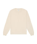 A T-shirt’s long-sleeve, crew neck tee in light beige with ribbed cuffs is laid flat on a white background. Made from soft, smooth fabric.