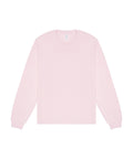 A light pink, long-sleeve crewneck T-shirt is laid flat on a white background. The shirt is plain with no graphics, patterns, or visible logos.