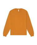 A mustard yellow long-sleeve T-shirt with a crew neck is laid flat on a white background.