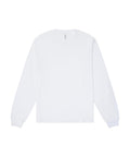 A T-shirt’s long-sleeve crew neck in plain white is laid flat on a white background, featuring no visible logos, patterns, or designs.
