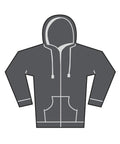 A flat illustration of a dark grey hooded sweatshirt featuring a zip, drawstrings, two front pockets, and light grey accents on the cuffs, hood lining, and pocket seams.