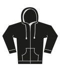 A simple illustration of "Hoodies"—a black zip-up jumper with long sleeves, two front pockets, and hood drawstrings—shown on a white background.