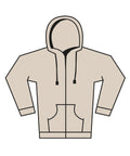 A simple illustration of hoodies in beige, featuring a zip, front pockets, and drawstrings, displayed on a white background.
