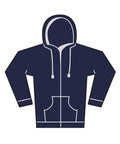 Illustration of a navy blue hooded zip-up sweatshirt with white drawstrings, two front pockets, and white hood lining on a plain white background. The design is simple and casual.