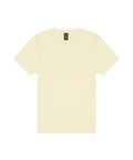 A light yellow, short-sleeved T-shirt product is shown flat against a white background, featuring a round neckline and a visible black collar label.