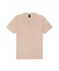 A beige, plain T-shirt short-sleeve crew neck is laid flat on a white background with no visible logos, patterns, or designs.