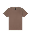 A solid brown, short-sleeve crew neck T-shirt is displayed flat on a white background.