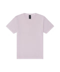 A light lavender T-shirt short-sleeve crew neck lies flat on a white background, featuring a black label inside the collar.