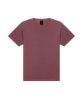 A plain, short-sleeved T-shirt in muted maroon is laid flat on a white background, featuring a crew neckline with no visible logos or designs.