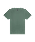 A T-shirt product in muted green, featuring short sleeves and a crew neck, is displayed flat on a white background with a visible black label inside the collar.