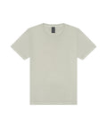 A light grey short-sleeve crew neck T-shirt is laid flat on a white background, featuring a small black label inside the collar.