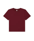 A plain maroon T-shirt is laid flat on a white background.
