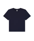 A navy blue T-shirt item with short sleeves and a classic crew neckline is displayed flat on a white background, featuring a plain design without logos or additional patterns.