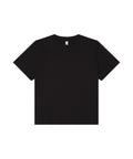 A plain black T-shirt short-sleeve crew neck is laid flat on a white background with no visible logos, patterns, or designs.