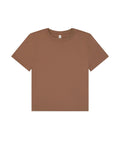 A T-shirt product in plain brown with short sleeves and a crew neck is laid flat on a white background.