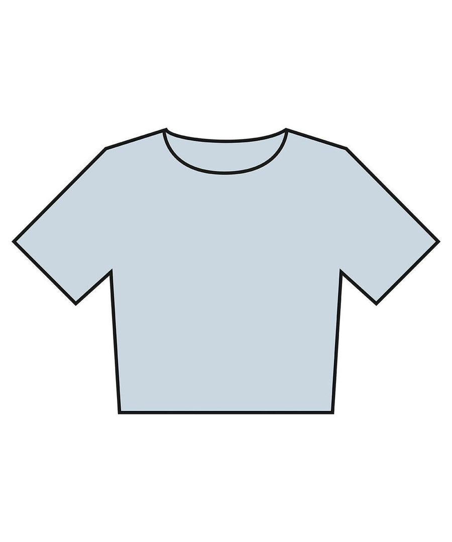 A basic illustration of a plain, light blue T-shirt short-sleeve with a round neckline, shown on a white background.