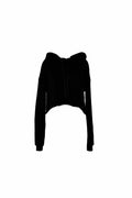 The Bella + Canvas BE220 hoodie features a black, cropped design with long sleeves and a drawstring hood.