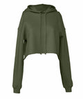 The Bella + Canvas BE220 is a forest green cropped hoodie with long sleeves and a hood. It features drawstrings at the neck and offers a relaxed fit, displayed against a white background.