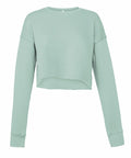 The Bella + Canvas BE221 is a light green, long-sleeved crop top featuring a slightly raw hemline. It has a soft, comfortable fabric, along with a simple and casual design.