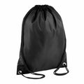 Introducing the Bagbase BG005, a sleek black drawstring backpack with a minimalist design, featuring two strings for closure and comfortable shoulder straps.