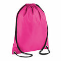 Bagbase's BG005 is a pink drawstring backpack featuring black strings and metal eyelets at the bottom corners.