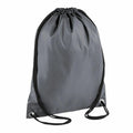 Bagbase BG005 drawstring backpack in gray, featuring black cords and constructed with lightweight material.