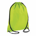 Introducing the Bagbase BG005: a vibrant lime green drawstring backpack featuring black cords and durable metal grommets at the bottom corners, with a cinched top for a slightly wrinkled look.