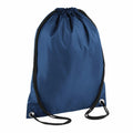 Introducing the Bagbase BG005: a stylish drawstring backpack featuring a sleek blue fabric complemented by black cords and reinforced with metal eyelets at the bottom corners. Its easy-to-use drawstring design ensures effortless opening and closing, while the smooth, slightly shiny finish adds an elegant touch.