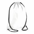 A Bagbase BG005 drawstring backpack featuring a plain white design with black straps, displayed on a white background.