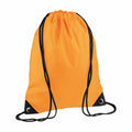 The Bagbase BG010 is a vibrant orange drawstring backpack featuring black drawstrings and reinforced black corners, with a plain design free from visible logos or patterns.