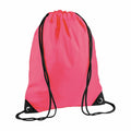 A vibrant pink Bagbase BG010 drawstring backpack featuring black straps and reinforced black corners.