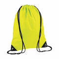 Bagbase BG010 drawstring backpack in bright yellow with black straps and reinforced corners.