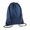 The Bagbase BG010 is a dark blue drawstring backpack featuring black drawstrings and reinforced black corners, showcased against a white background.