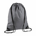 The BG010 by Bagbase, a gray drawstring backpack featuring black straps and reinforced corners, is showcased on a white background with the top slightly gathered thanks to its drawstring closure.