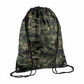 The BG010 by Bagbase is a drawstring backpack with a camouflage pattern in green and brown, complemented by black drawstrings and reinforced corners with metal eyelets.