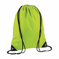 Introducing the BG010 by Bagbase: a vibrant green drawstring backpack featuring black cords and corner reinforcements. This bag offers a minimalist design, perfect for carrying lightweight items.