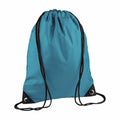 Bagbase BG010 is a teal drawstring backpack featuring black strings and reinforced corners.