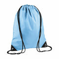 Introducing the Bagbase BG010: a light blue drawstring backpack featuring black straps and corners. The bag's cinch-closure at the top highlights its simple and functional design.