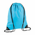 A Bagbase BG010 drawstring backpack in light blue featuring black straps and reinforced corners.