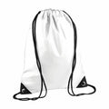 The Bagbase BG010 is a plain white drawstring backpack featuring black strings and reinforced corners. Its simple design makes it ideal for casual use or sports activities.