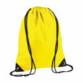 A vibrant yellow Bagbase BG010 drawstring backpack featuring black drawstring cords and reinforced corners.