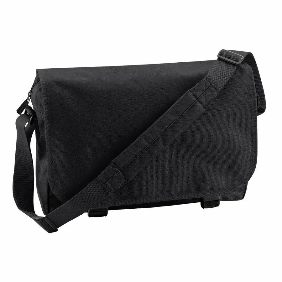 The Bagbase BG021 messenger bag in black features an adjustable shoulder strap and a flap closure.